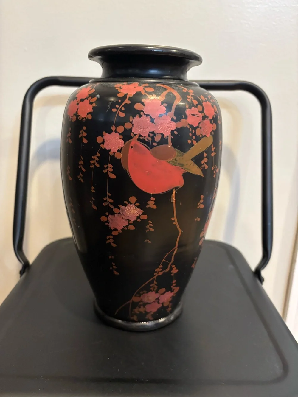 Vintage Japanese Black Lacquer Vase – Hand Painted Bird & Floral Blossom Motif